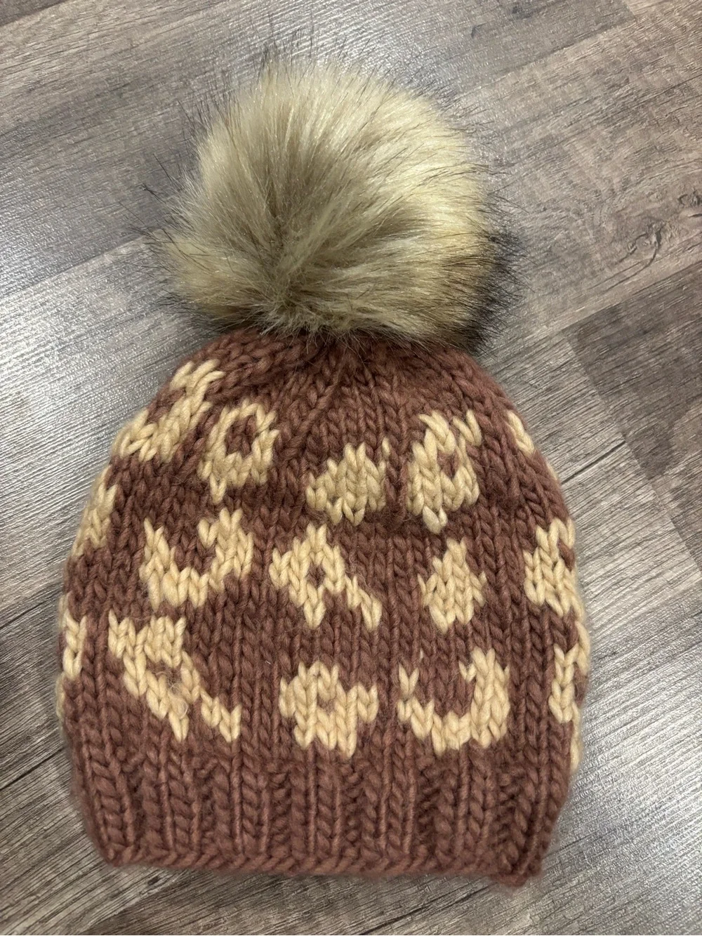Kids Knit Pom Beanie in Brown with Cream Leopard Accent